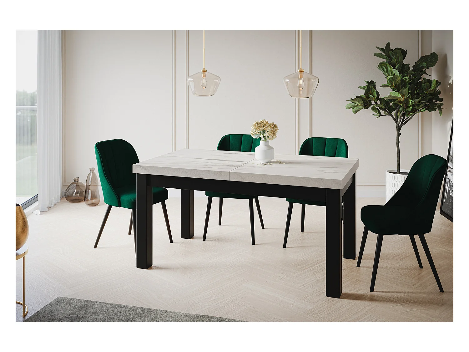 Table de salle à manger rectangulaire CLASSIC, table extensible, dimensions : 160-210X90X78 cm, couleur : MARMUR, avec pieds en bois de couleur noire