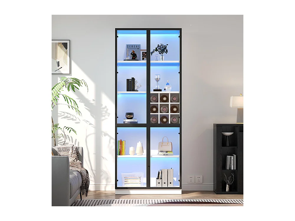 Vitrine armoire haute verre LED portes verre bibliothèque buffet élégant doubles portes étagère support vin