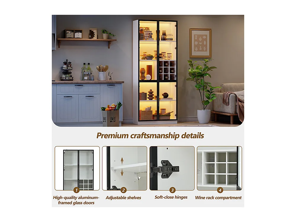 Vitrine armoire haute verre LED portes verre bibliothèque buffet élégant doubles portes étagère support vin