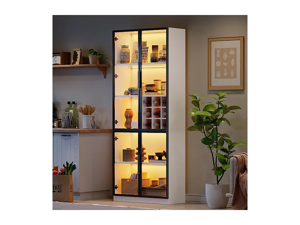 Vitrine armoire haute verre LED portes verre bibliothèque buffet élégant doubles portes étagère support vin