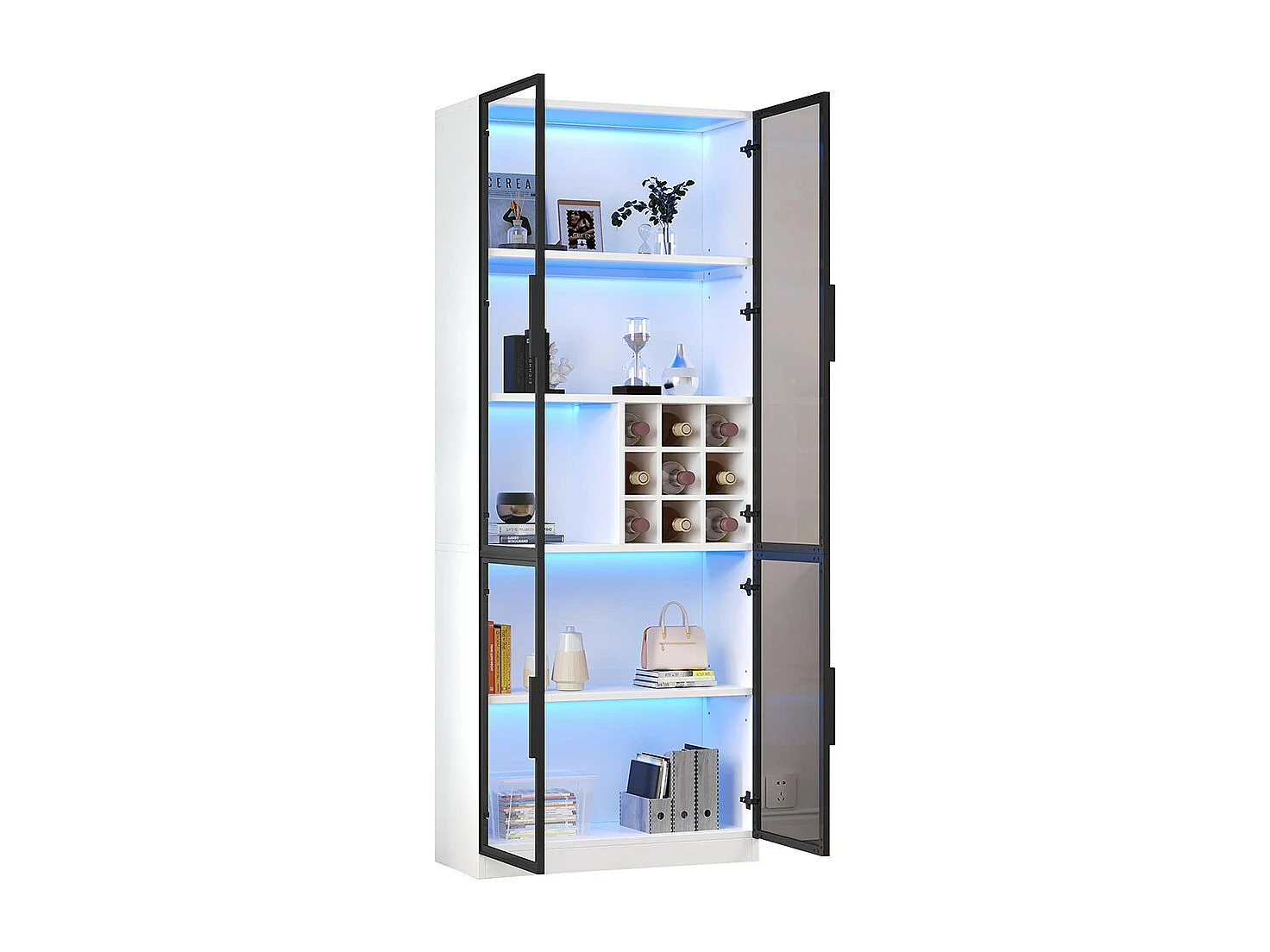 Vitrine armoire haute verre LED portes verre bibliothèque buffet élégant doubles portes étagère support vin