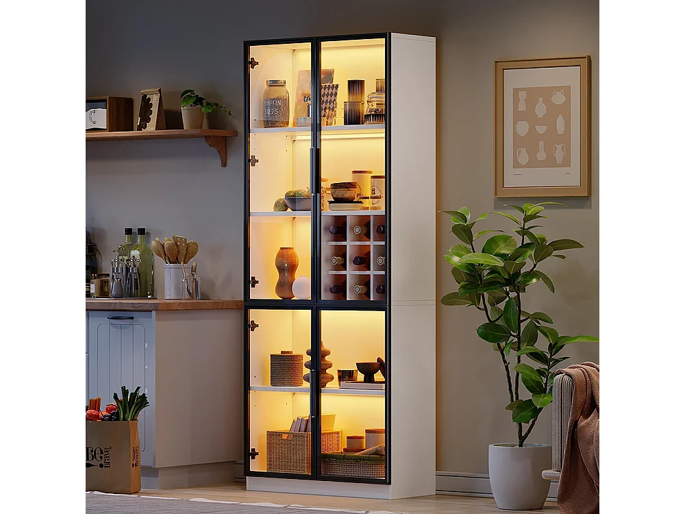 Vitrine armoire haute verre LED portes verre bibliothèque buffet élégant doubles portes étagère support vin