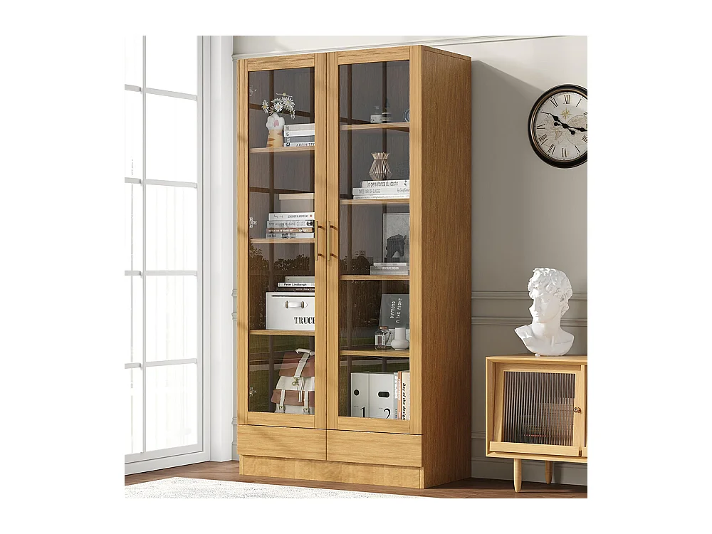 Vitrine verre armoire bureau bibliothèque étagères décalées tiroirs ouverture pression bois