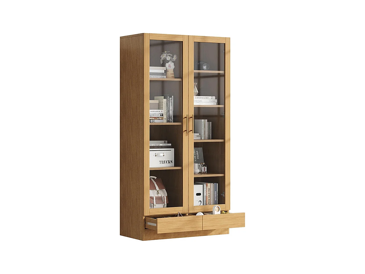 Vitrine verre armoire bureau bibliothèque étagères décalées tiroirs ouverture pression bois