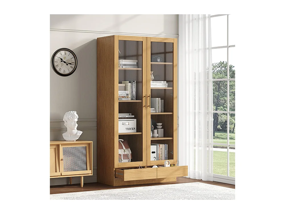 Vitrine verre armoire bureau bibliothèque étagères décalées tiroirs ouverture pression bois