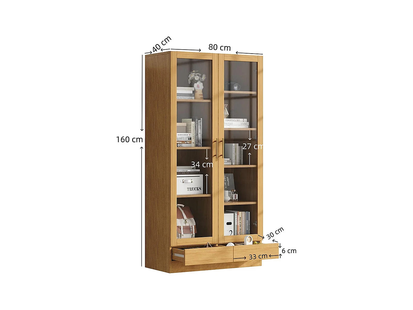 Vitrine verre armoire bureau bibliothèque étagères décalées tiroirs ouverture pression bois