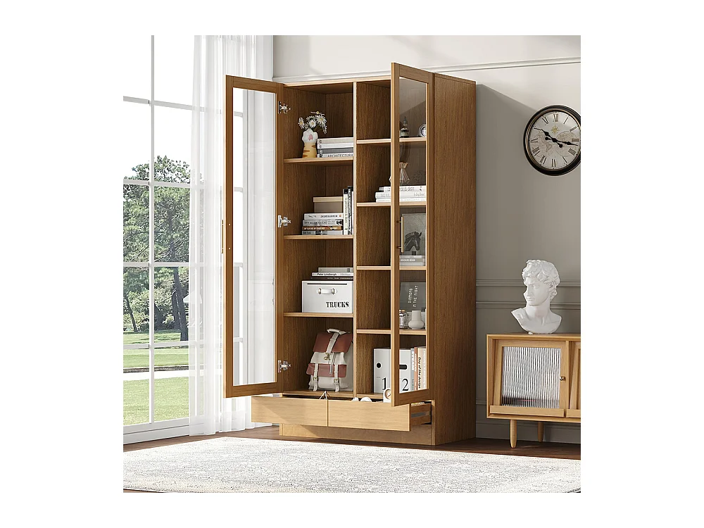 Vitrine verre armoire bureau bibliothèque étagères décalées tiroirs ouverture pression bois