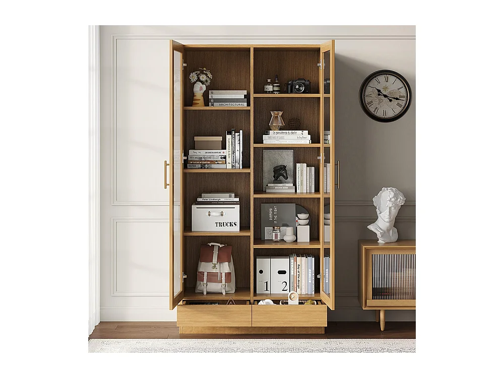 Vitrine verre armoire bureau bibliothèque étagères décalées tiroirs ouverture pression bois