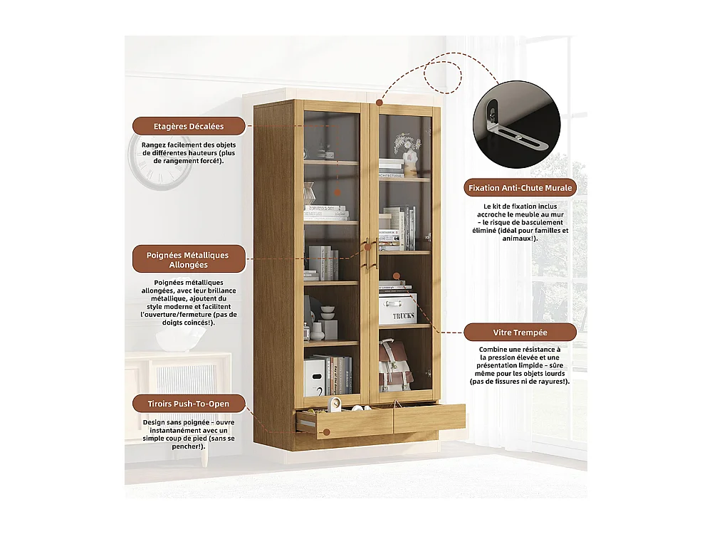 Vitrine verre armoire bureau bibliothèque étagères décalées tiroirs ouverture pression bois
