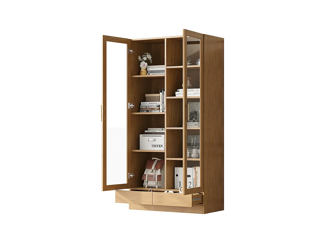 Vitrine verre armoire bureau bibliothèque étagères décalées tiroirs ouverture pression bois