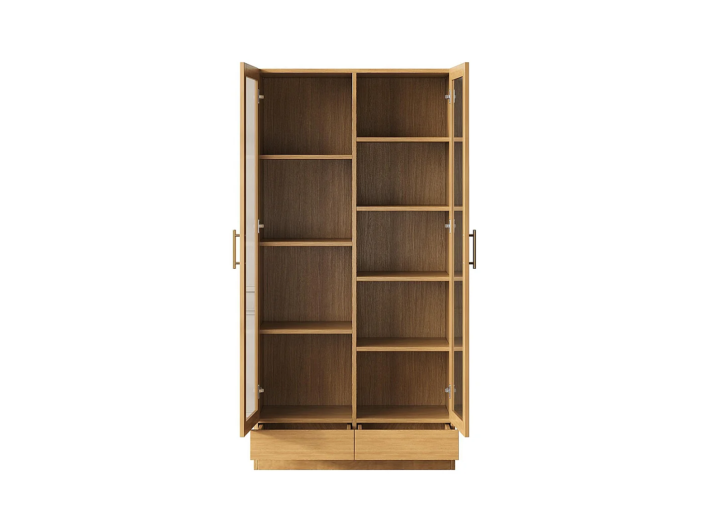 Vitrine verre armoire bureau bibliothèque étagères décalées tiroirs ouverture pression bois