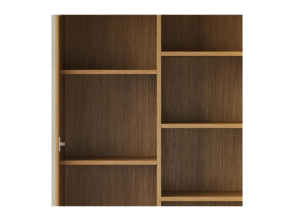 Vitrine verre armoire bureau bibliothèque étagères décalées tiroirs ouverture pression bois