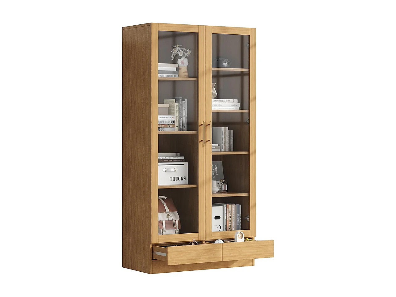 Vitrine verre armoire bureau bibliothèque étagères décalées tiroirs ouverture pression bois