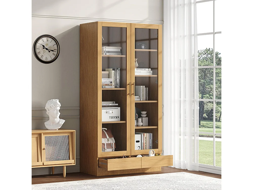 Vitrine verre armoire bureau bibliothèque étagères décalées tiroirs ouverture pression bois