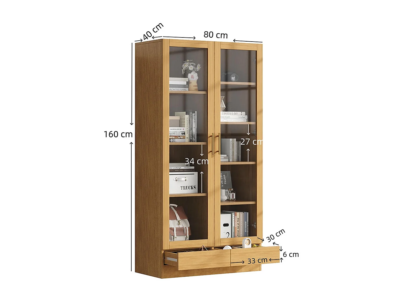 Vitrine verre armoire bureau bibliothèque étagères décalées tiroirs ouverture pression bois