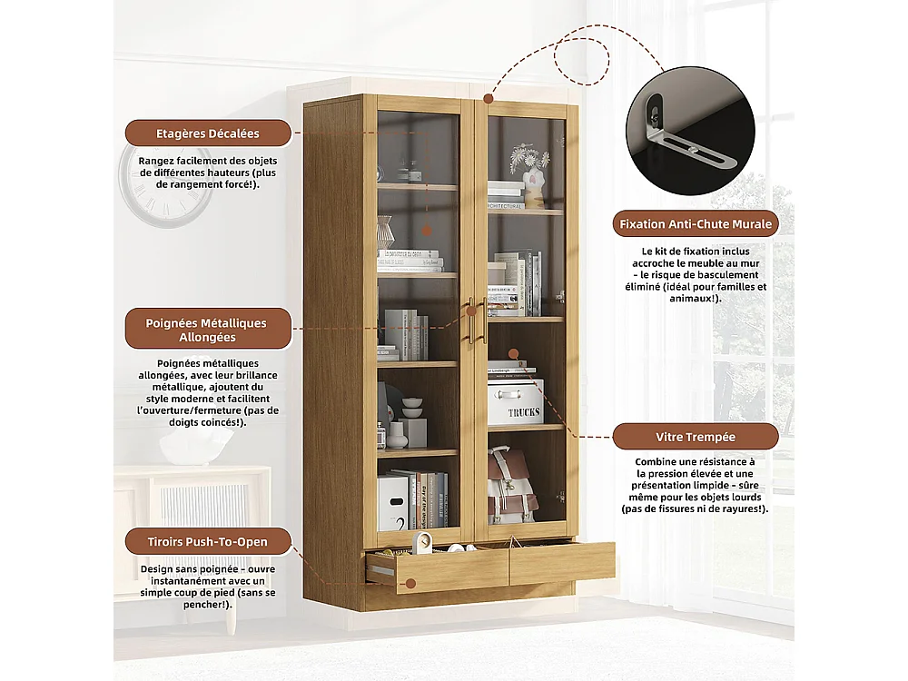 Vitrine verre armoire bureau bibliothèque étagères décalées tiroirs ouverture pression bois