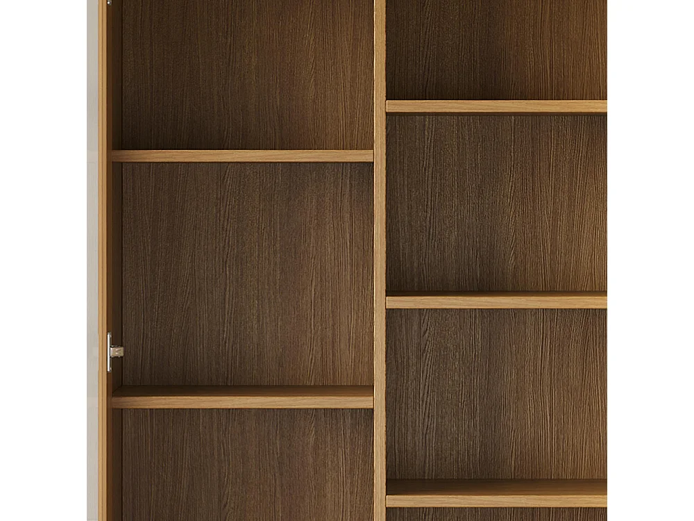 Vitrine verre armoire bureau bibliothèque étagères décalées tiroirs ouverture pression bois