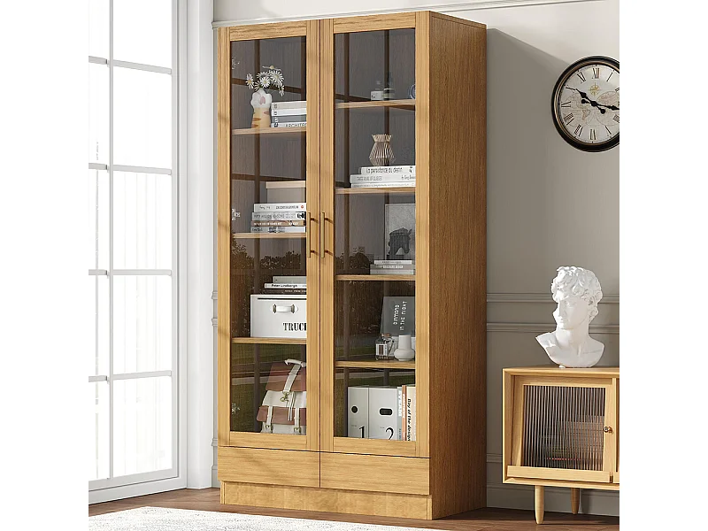 Vitrine verre armoire bureau bibliothèque étagères décalées tiroirs ouverture pression bois