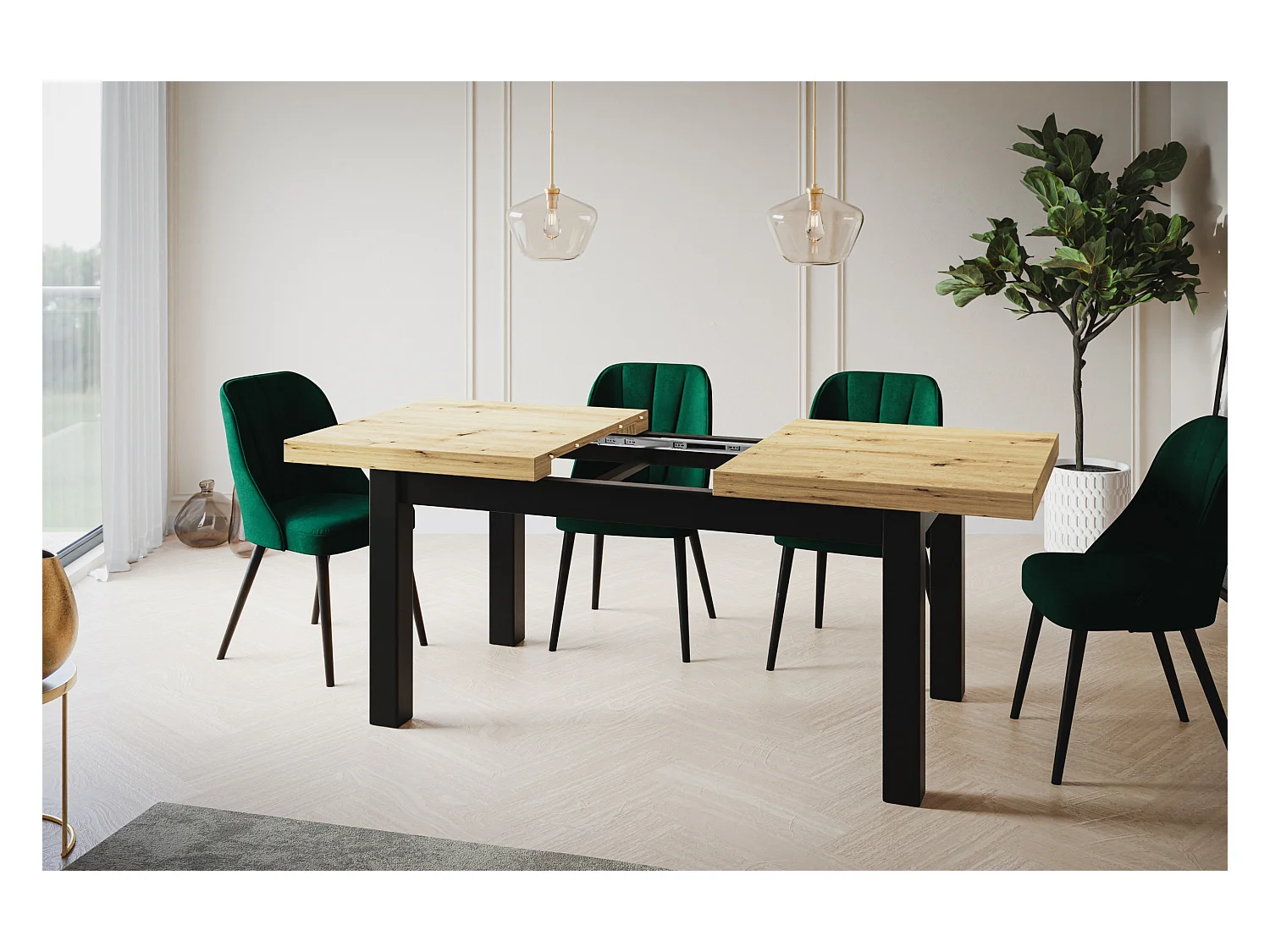 Table de salle à manger rectangulaire CLASSIC, table extensible, dimensions : 140-180X80X78 cm, couleur : ARTISAN, avec pieds en bois de couleur noire