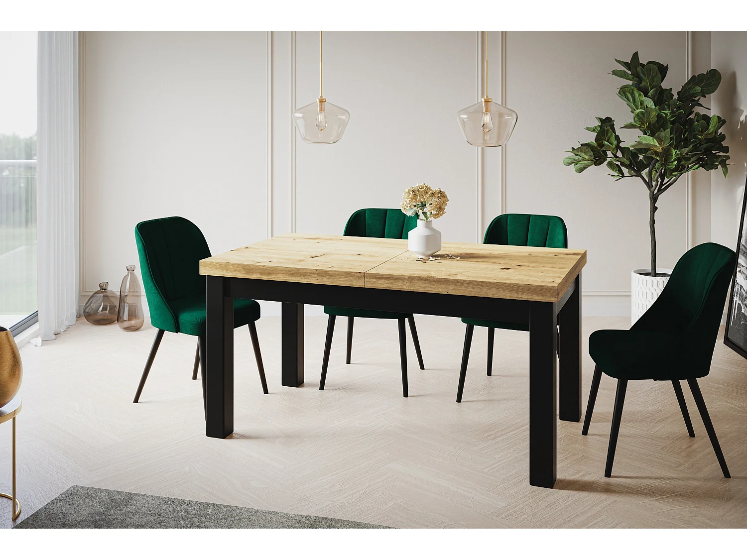 Table de salle à manger rectangulaire CLASSIC, table extensible, dimensions : 140-180X80X78 cm, couleur : ARTISAN, avec pieds en bois de couleur noire
