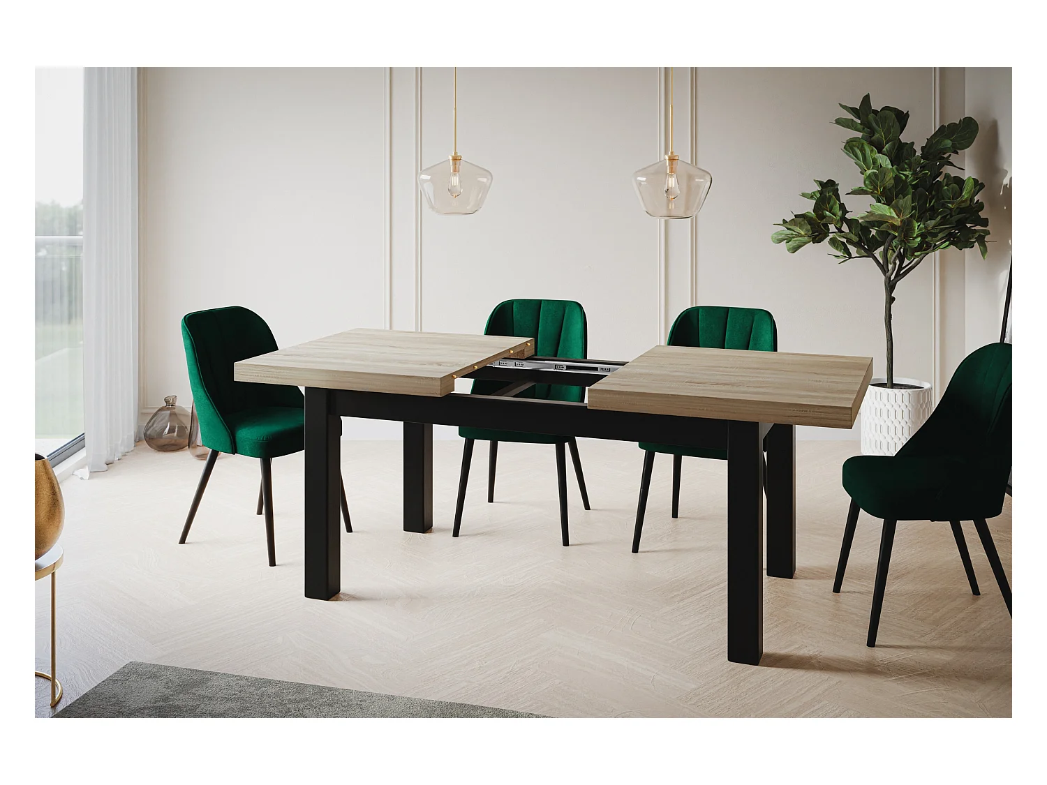Table de salle à manger rectangulaire CLASSIC, table extensible, dimensions : 140-180X80X78 cm, couleur : SONOMA, avec pieds en bois de couleur noire