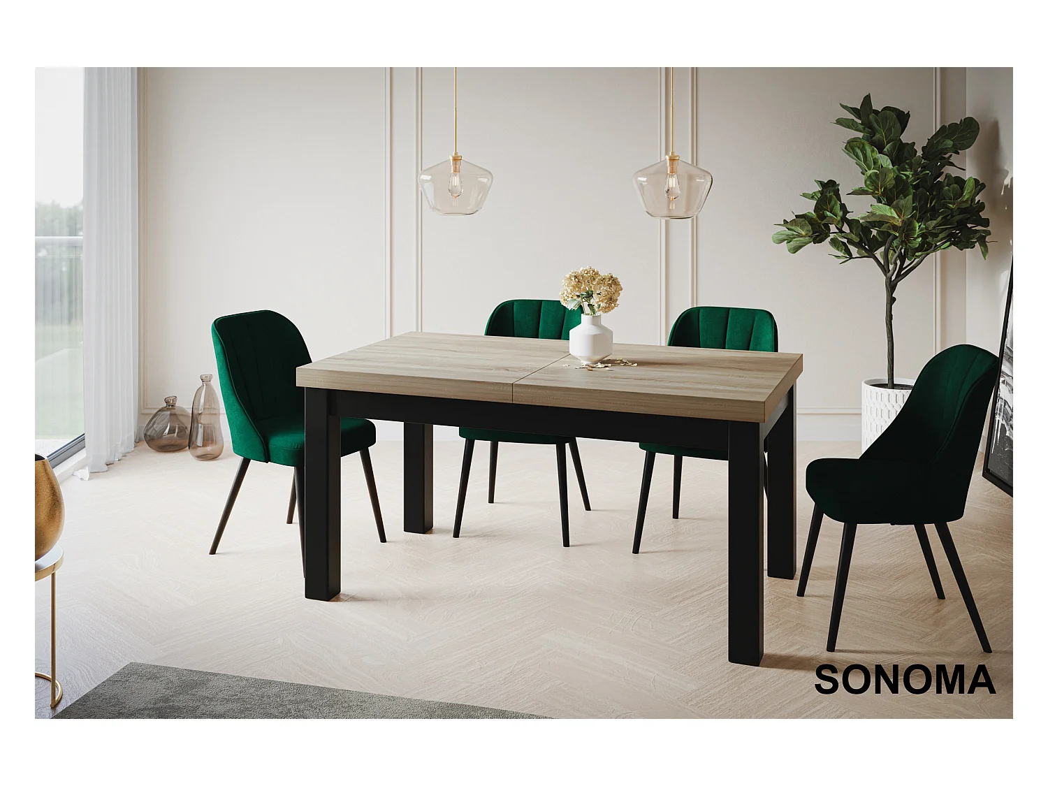 Table de salle à manger rectangulaire CLASSIC, table extensible, dimensions : 160-210X90X78 cm, couleur : SONOMA, avec pieds en bois de couleur noire