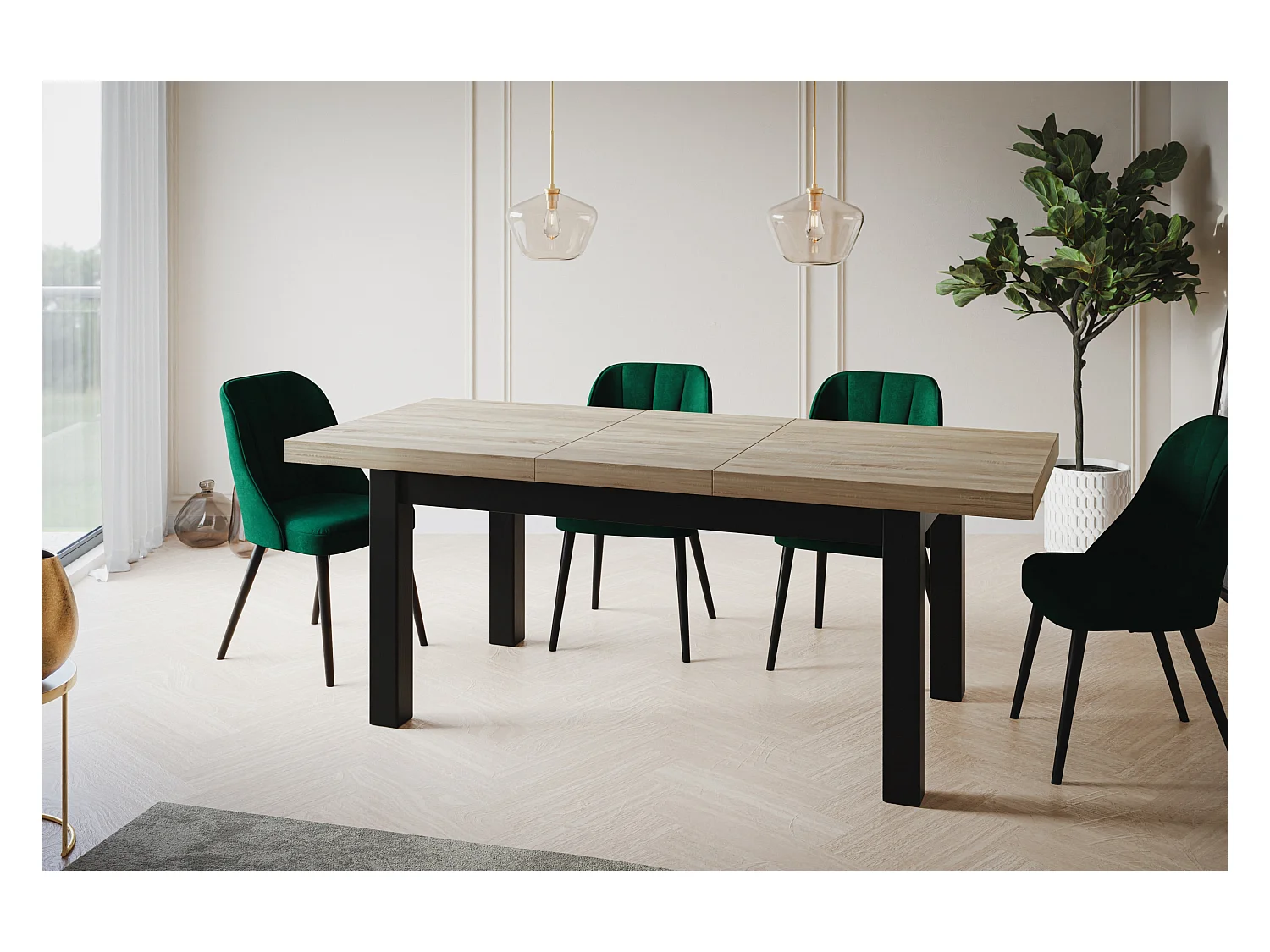 Table de salle à manger rectangulaire CLASSIC, table extensible, dimensions : 160-210X90X78 cm, couleur : SONOMA, avec pieds en bois de couleur noire
