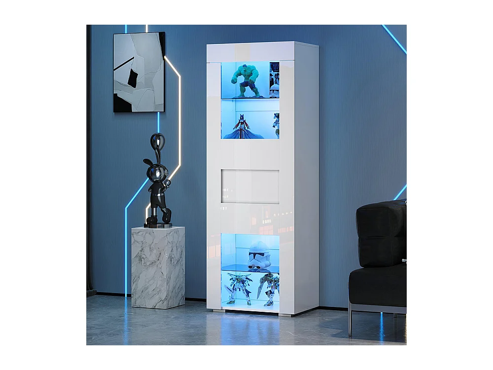 Vitrine armoire de rangement LED brillante porte acrylique 2 étagères verre buffet haut salon canapé blanc