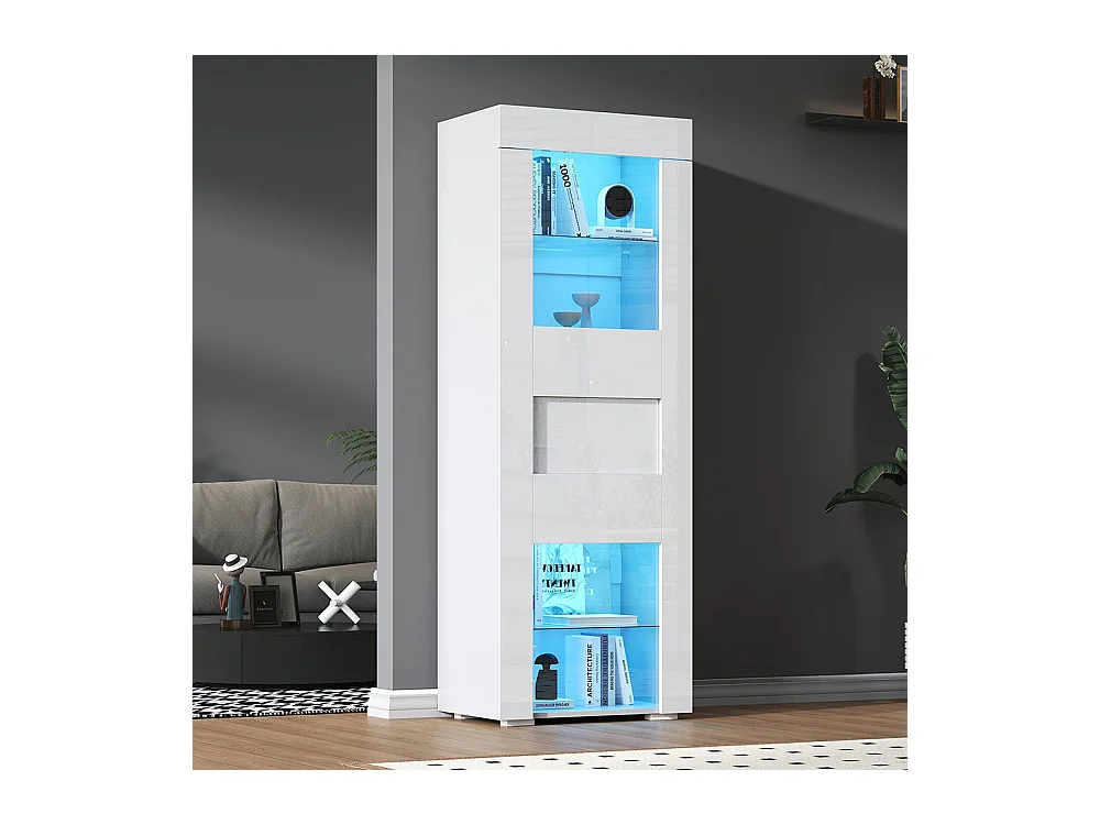 Vitrine armoire de rangement LED brillante porte acrylique 2 étagères verre buffet haut salon canapé blanc