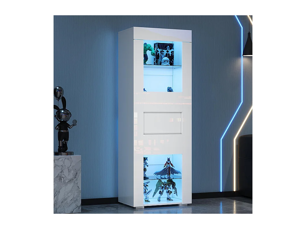 Vitrine armoire de rangement LED brillante porte acrylique 2 étagères verre buffet haut salon canapé blanc