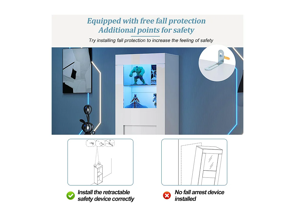 Vitrine armoire de rangement LED brillante porte acrylique 2 étagères verre buffet haut salon canapé blanc