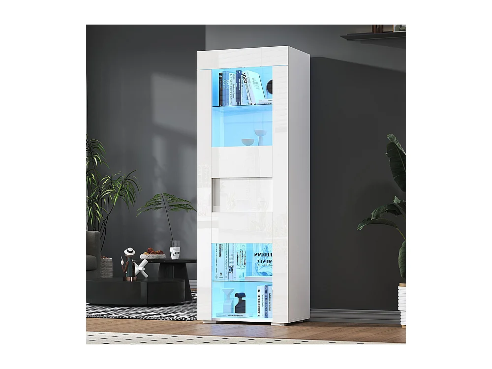 Vitrine armoire de rangement LED brillante porte acrylique 2 étagères verre buffet haut salon canapé blanc