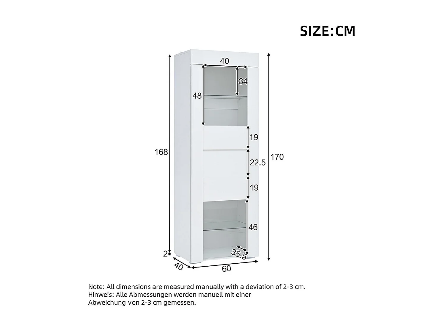 Vitrine armoire de rangement LED brillante porte acrylique 2 étagères verre buffet haut salon canapé blanc