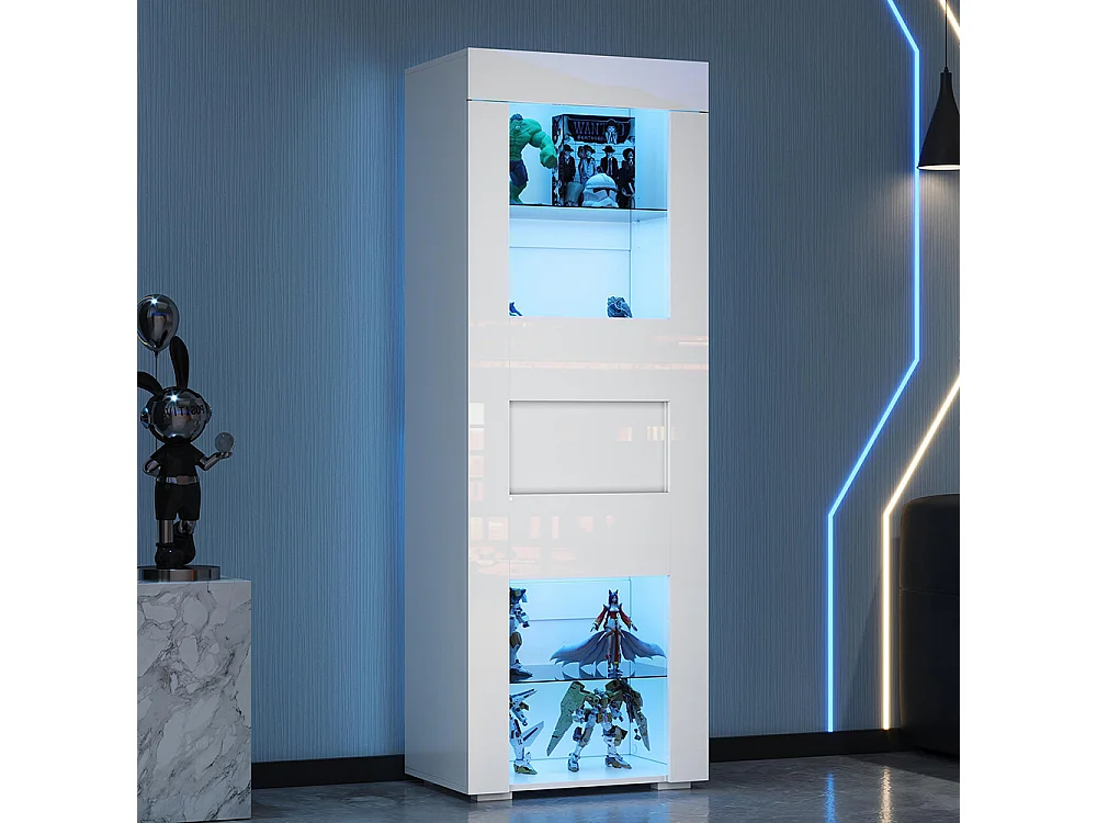 Vitrine armoire de rangement LED brillante porte acrylique 2 étagères verre buffet haut salon canapé blanc