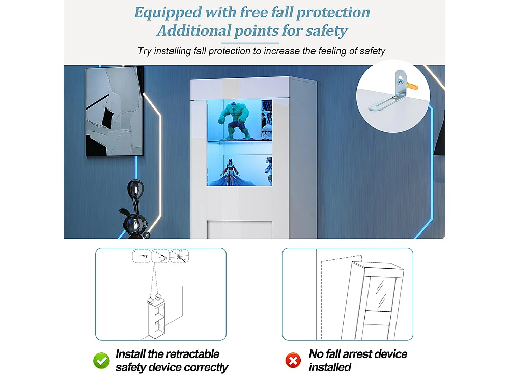 Vitrine armoire de rangement LED brillante porte acrylique 2 étagères verre buffet haut salon canapé blanc