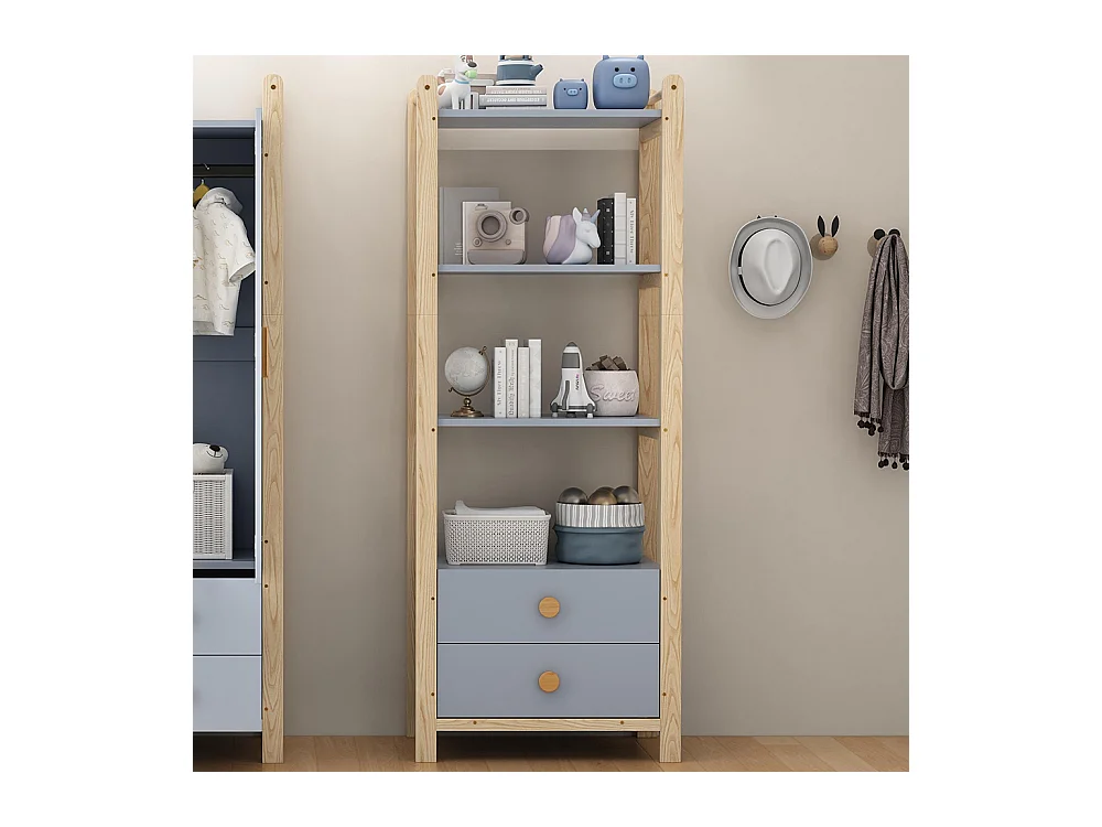 Étagère pied 2 tiroirs bibliothèque 4 niveaux pin poignées bois salon chambre bleu bois naturel