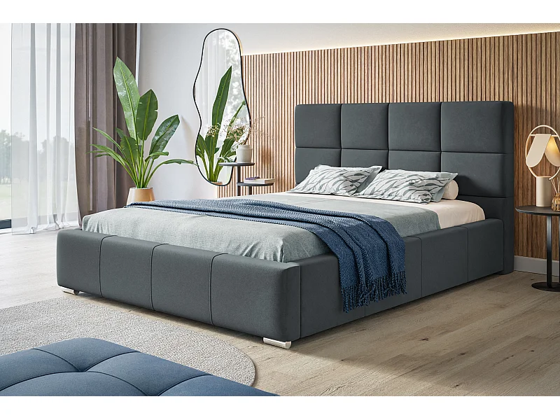 Lit rembourré Rom avec tête de lit, 180x200 cm, lit double avec coffre de rangement et sommier à lattes en bois, tissu velours, couleur : gris foncé