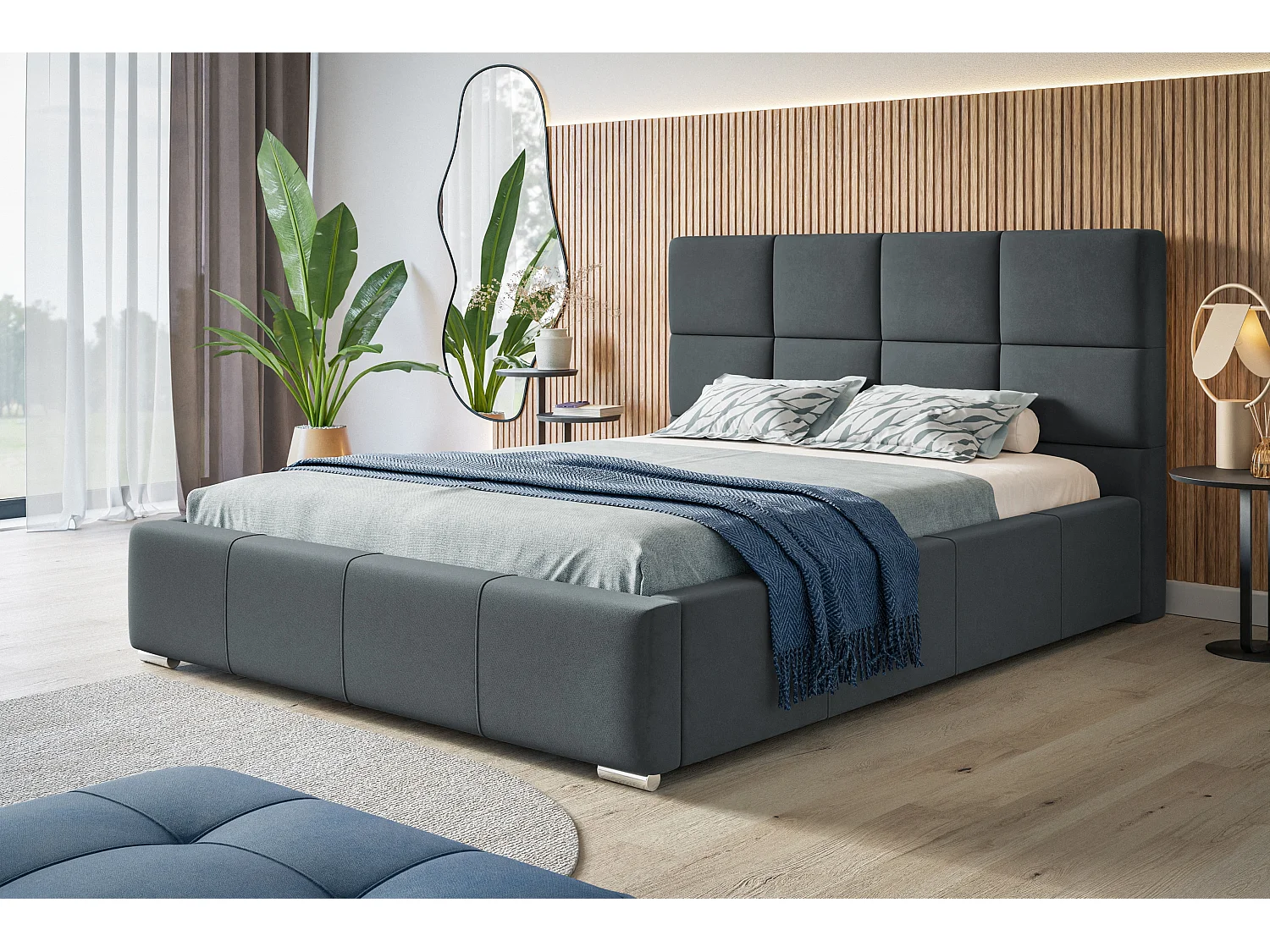 Lit rembourré Rom avec tête de lit, 180x200 cm, lit double avec coffre de rangement et sommier à lattes en bois, tissu velours, couleur : gris foncé