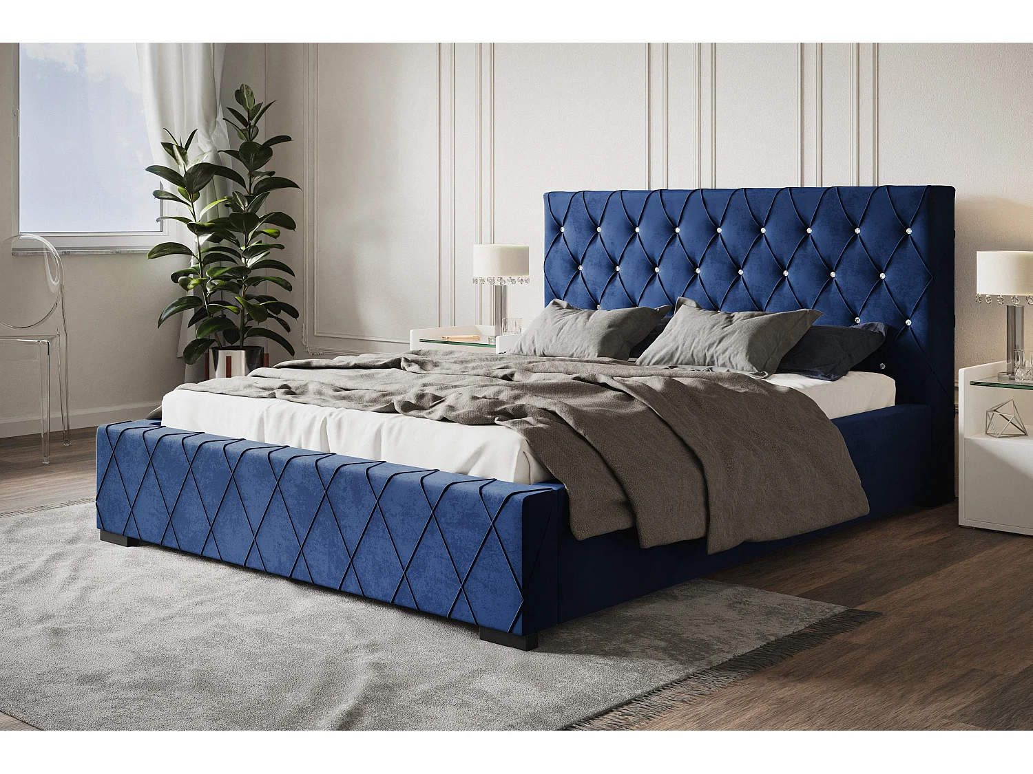 Lit rembourré Berlin avec tête de lit, 140x200 cm,  avec coffre de rangement et sommier à lattes en bois, tissu velours, couleur: bleu foncé