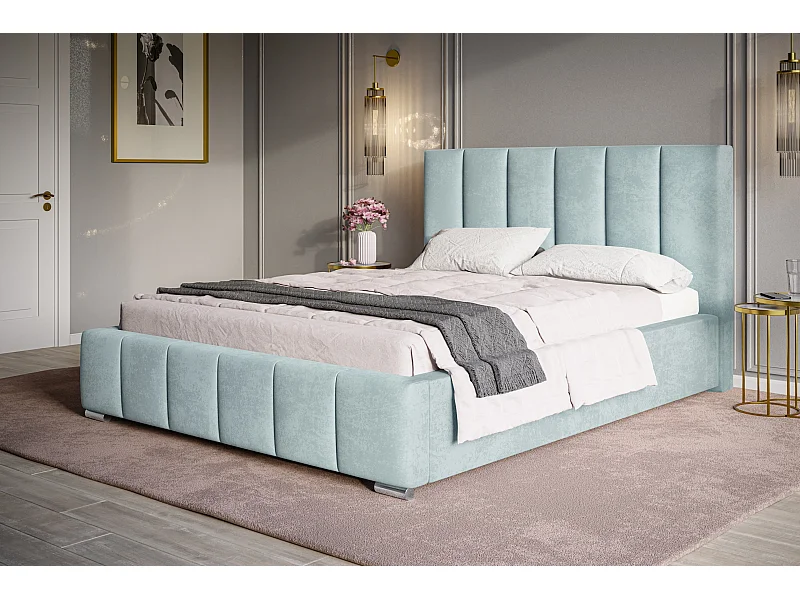 Lit rembourré Tokio avec tête de lit, 120x200 cm, lit double avec coffre de rangement et sommier à lattes en bois, tissu velours, couleur : turquoise