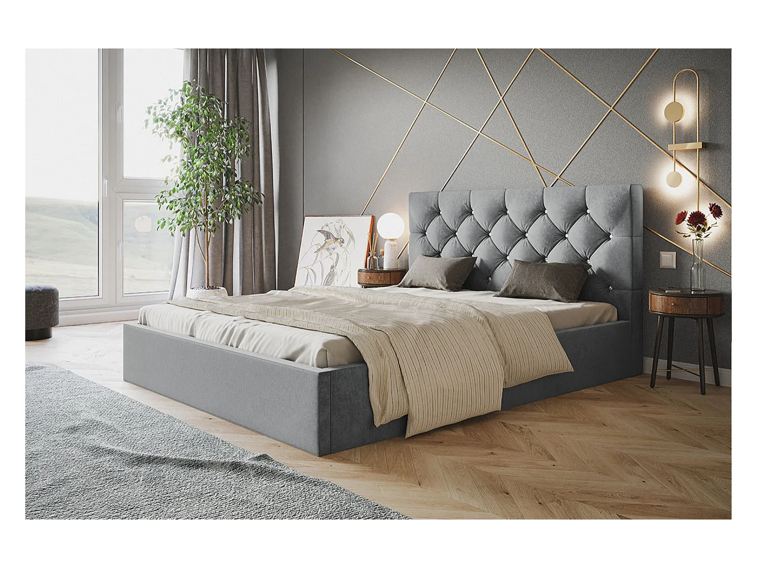 Lit rembourré BOSTON SLIM avec tête de lit, 160 x 200 cm, lit double avec coffre de rangement et sommier à lattes en bois, couleur : gris, tissu velours