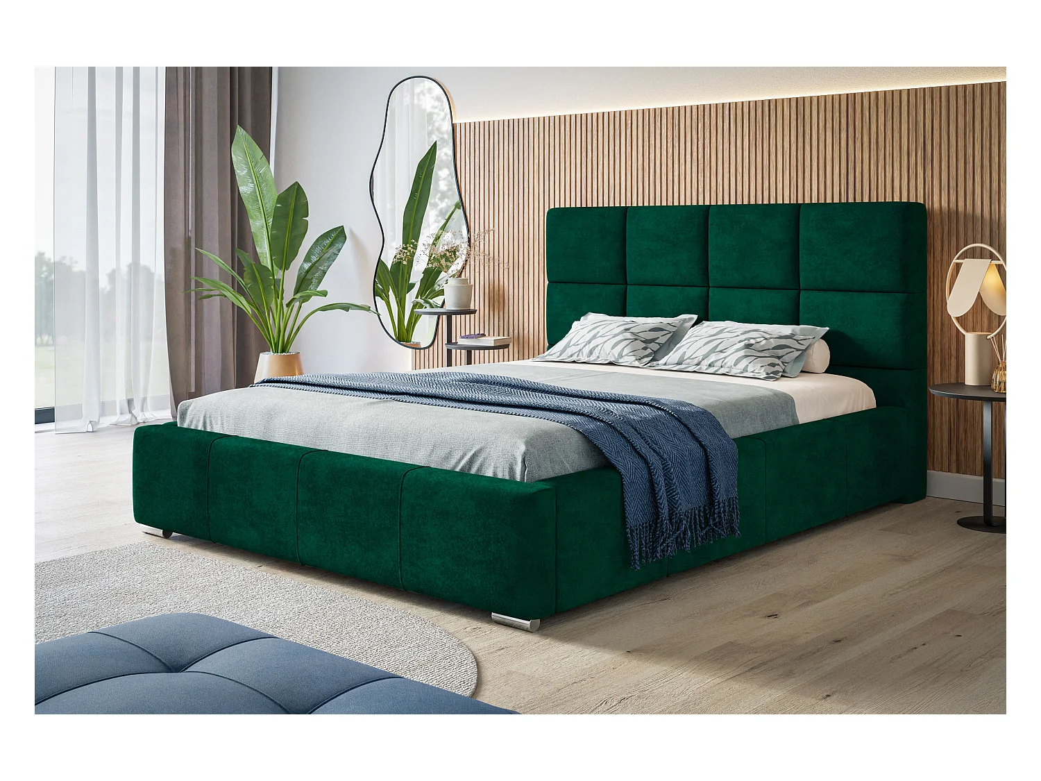 Lit rembourré Rom avec tête de lit, 140x200 cm, lit double avec coffre de rangement et sommier à lattes en bois, tissu velours, couleur : vert