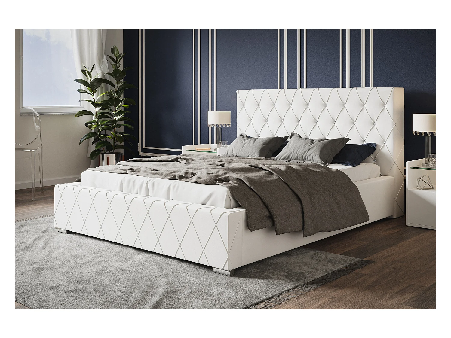 Lit rembourré Berlin avec tête de lit, 160 x 200 cm, lit double avec coffre de rangement et sommier à lattes en bois, similicuir, couleur : blanc