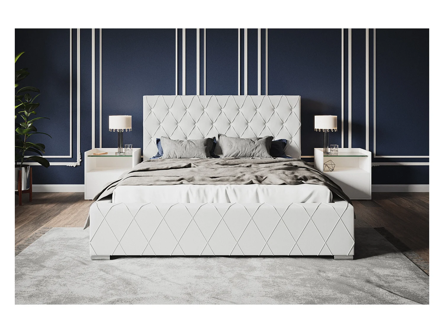 Lit rembourré Berlin avec tête de lit, 160 x 200 cm, lit double avec coffre de rangement et sommier à lattes en bois, similicuir, couleur : blanc