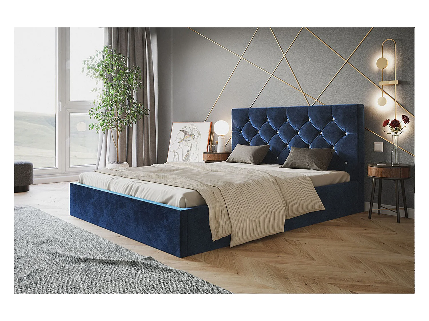 Lit rembourré BOSTON SLIM avec tête de lit, 180 x 200 cm, lit double avec coffre de rangement et sommier à lattes en bois, couleur : bleu foncé, tissu velours
