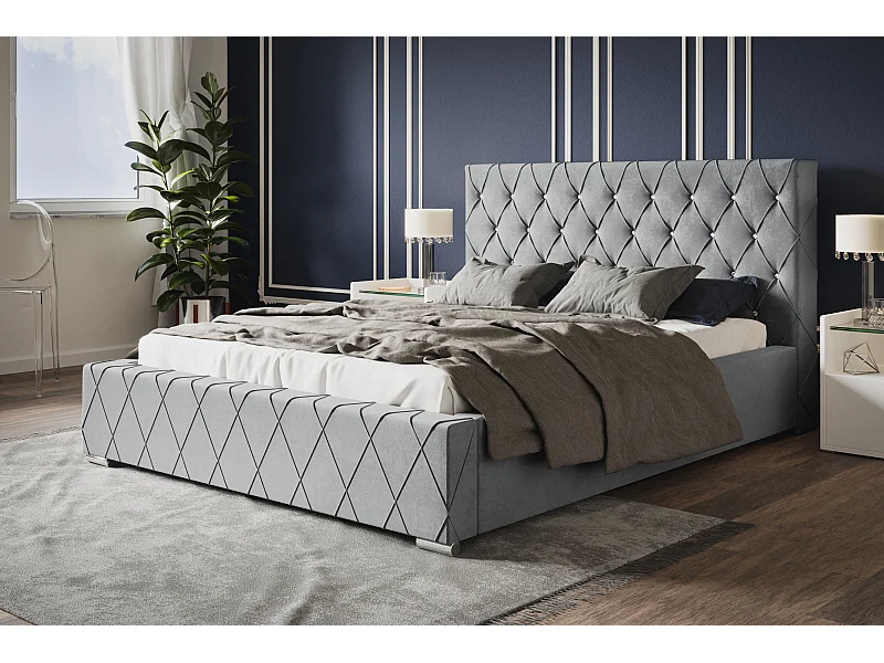 Lit rembourré Berlin avec tête de lit, 140x200 cm, lit double avec coffre de rangement et sommier à lattes en bois, tissu velours, couleur : gris