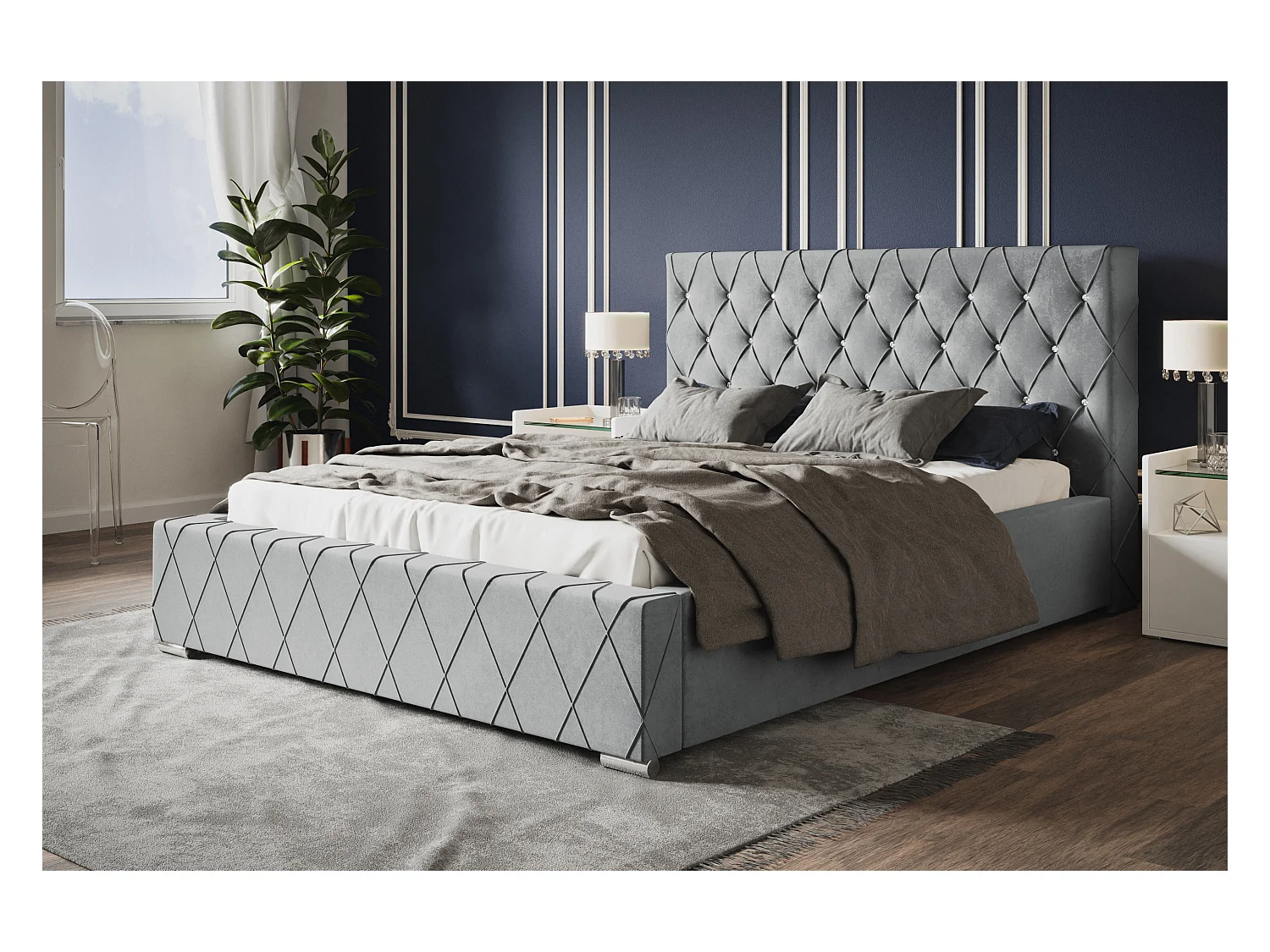 Lit rembourré Berlin avec tête de lit, 140x200 cm, lit double avec coffre de rangement et sommier à lattes en bois, tissu velours, couleur : gris