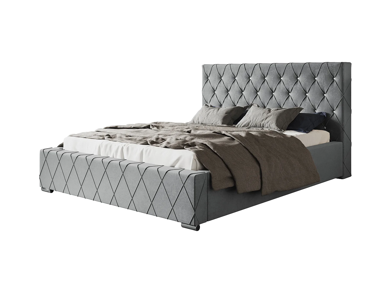 Lit rembourré Berlin avec tête de lit, 140x200 cm, lit double avec coffre de rangement et sommier à lattes en bois, tissu velours, couleur : gris