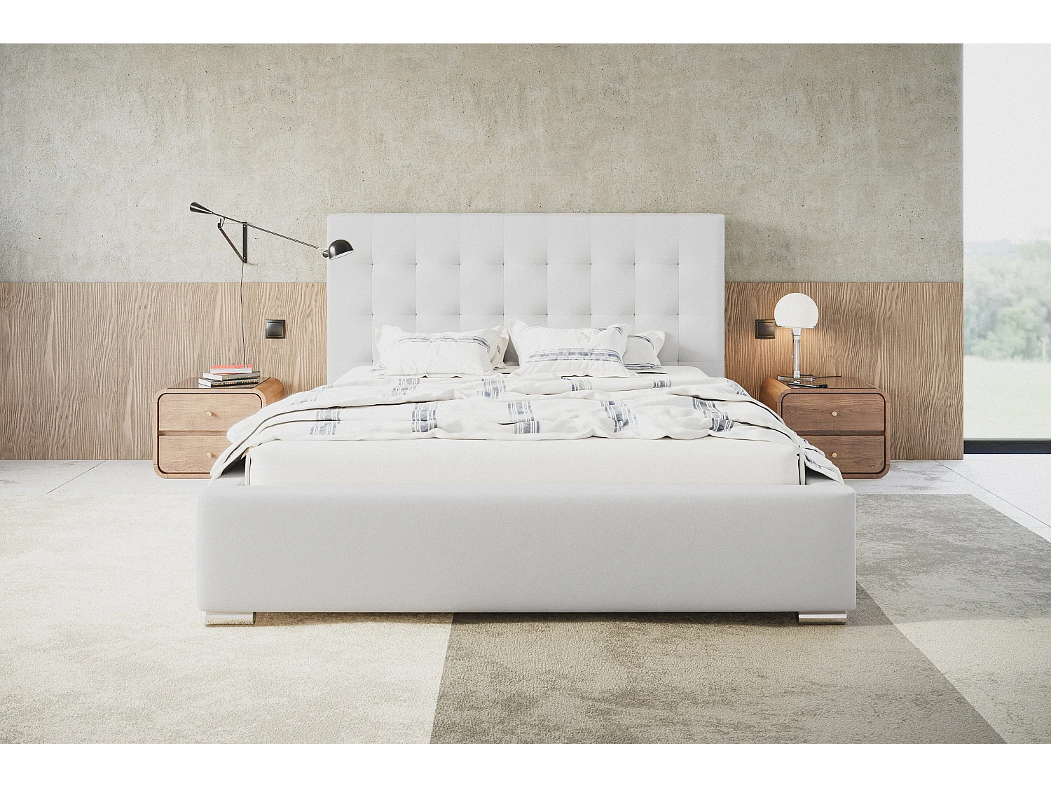 Lit rembourré RIO avec tête de lit, 180x200 cm, lit double avec coffre de rangement et sommier à lattes en bois, similicuir, couleur : blanc