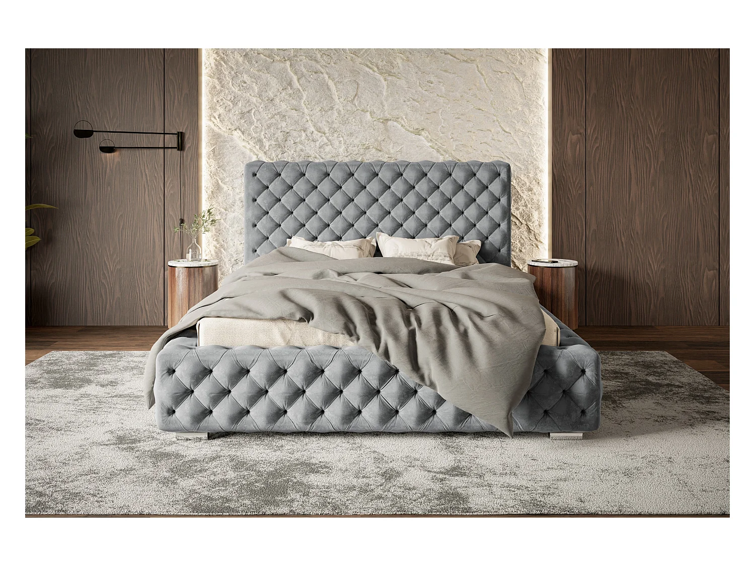 Lit rembourré Miami avec tête de lit, 160x200 cm, lit double avec coffre de rangement et sommier à lattes en bois, tissu velours, couleur : gris foncé